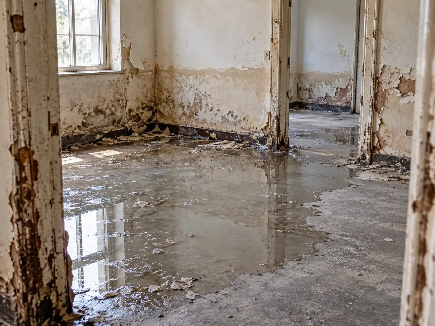 Murky standing water and peeling walls in a room left wet for a long time