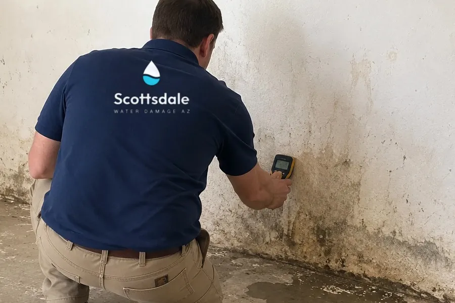 A Scottsdale Water Damage AZ technician checking a wall for moisture