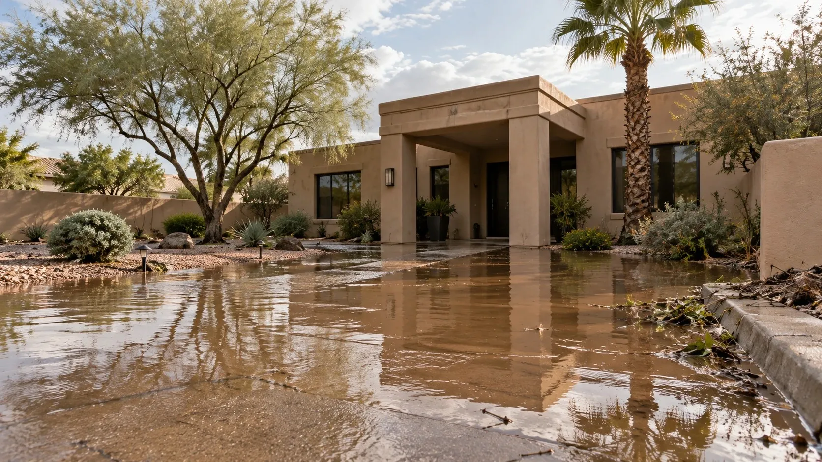 Muddy storm water covering the front yard and walk of a stucco desert home