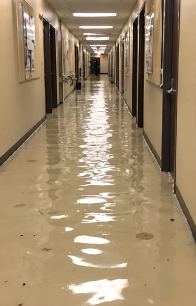 A hallway with standing water on the floor