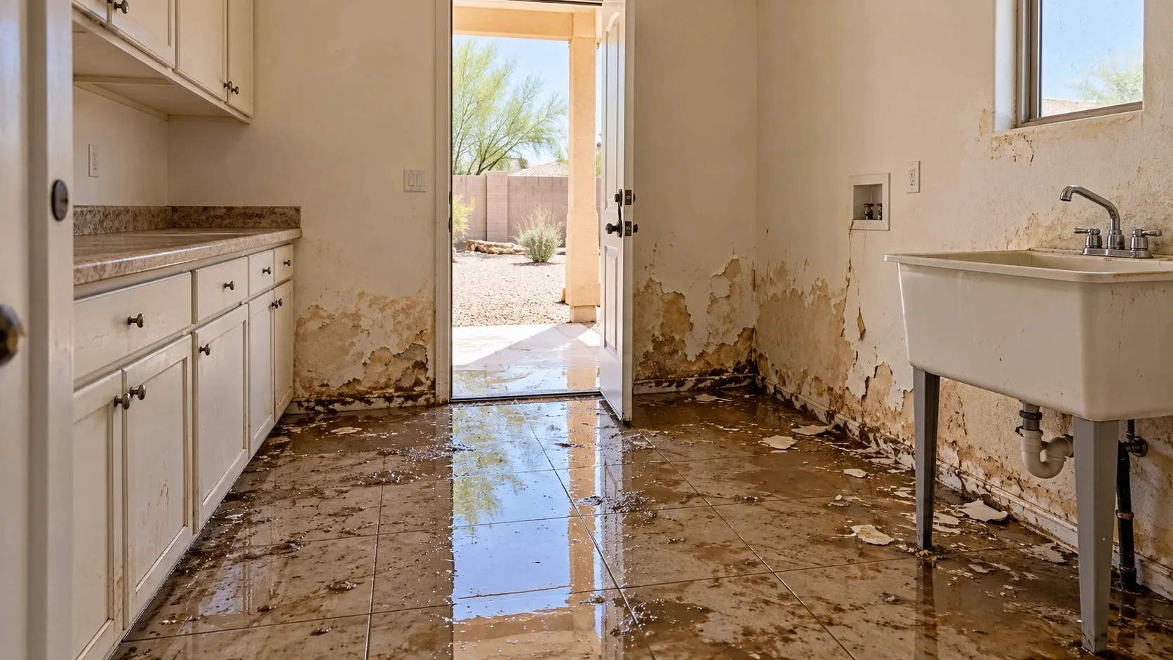 A flooded laundry room with wet, peeling walls and debris on the tile floor