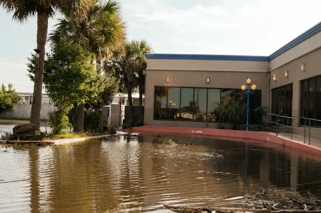 Storm water across a Scottsdale parking lot with palm trees after a monsoon rain