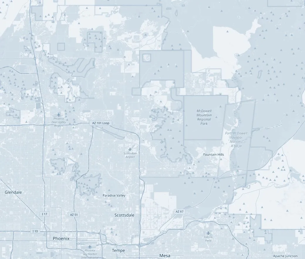 Map of Scottsdale, Paradise Valley, North Scottsdale, Fountain Hills, Cave Creek and Carefree, inside a 15-mile circle
