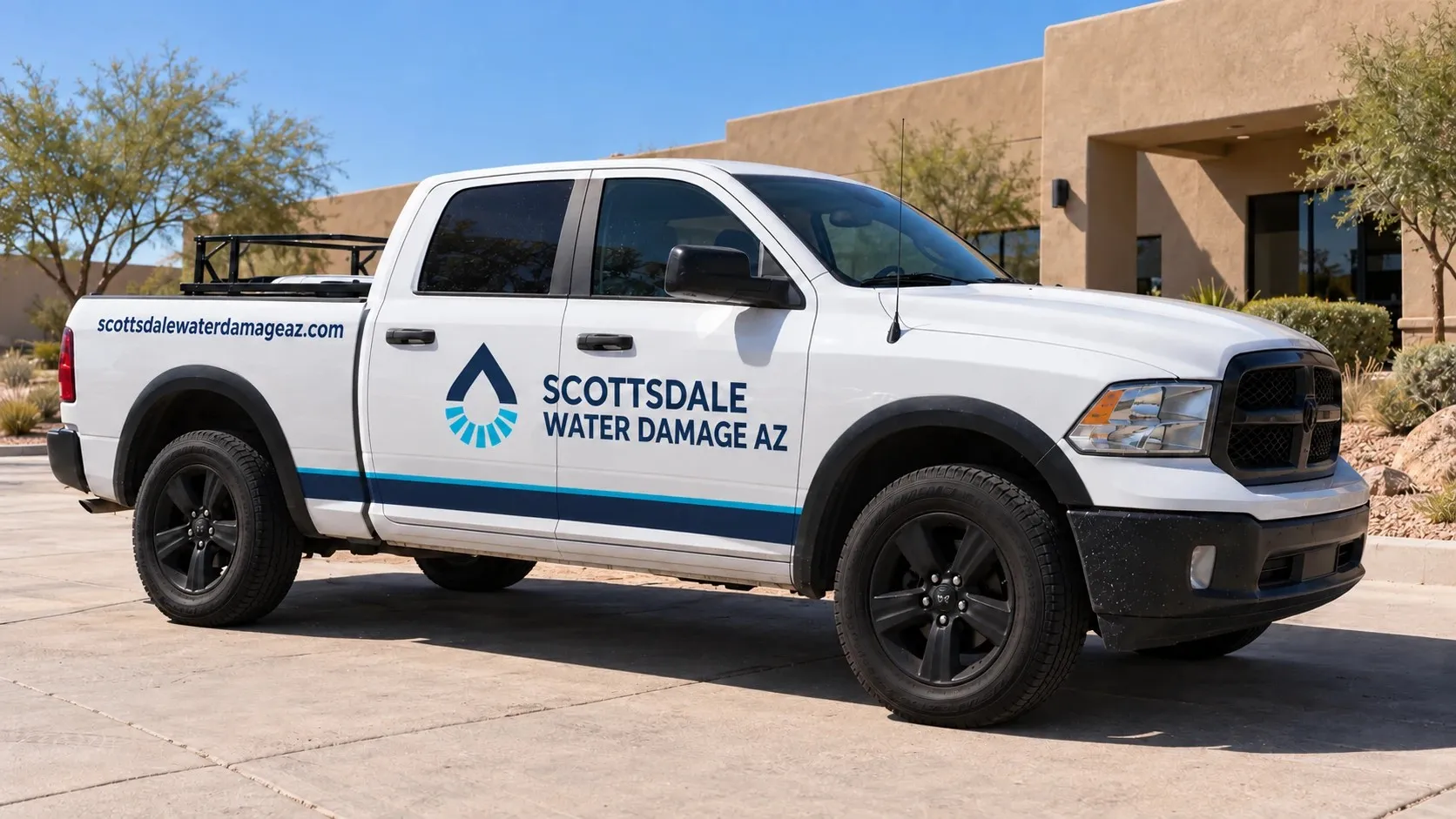 White Scottsdale Water Damage AZ pickup truck parked outside a desert stucco building